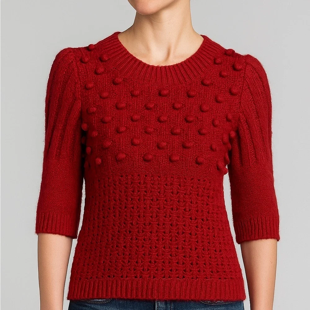 Sundance Red Wool Blend 3/4 Sleeve Knitted Pom Pom Crewneck Sweater